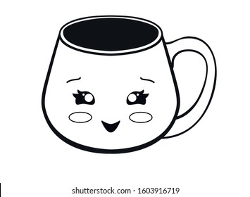 Cup with kawaii face. Cute cup emoticon. Vector linear picture for coloring - a cute mug. Outline. Hand drawing.