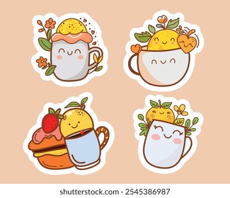 Cup in kawaii style. Stickers. Vector design. 
