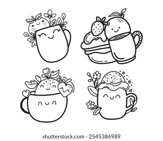 Cup in kawaii style. Stickers. Vector design. 