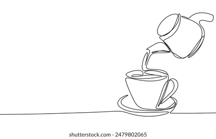 Cup and kettle one line continuous. Cup and kettle  line art. Hand drawn vector art.