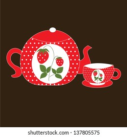 Cup and  kettle with strawberries