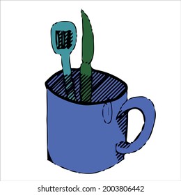 Cup with kitchen items. Vector graphics, simple image of kitchen item. For logos, books, stickers.