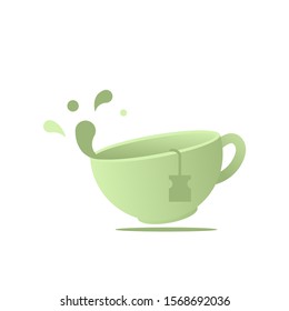 Cup with label of green tea levitation with drops isometric