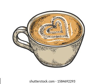 Cup of latte with art heart sketch engraving vector illustration. Coffee artwork. T-shirt apparel print design. Scratch board style imitation. Black and white hand drawn image.