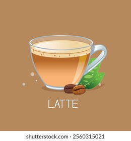 Cup of Latte with coffee beans isolated on tan background.