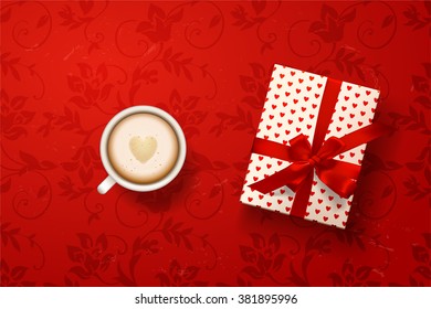 cup of latte coffee  with foam in the form of heart and gift box on red vector background. valentine`s card