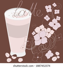 A cup of latte coffee on the background of a floral arrangement.