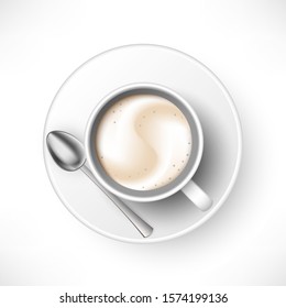 A cup of Latte coffee with spoon and saucer top view. Realistic vector illustration. 3d model whipped drink in white cup with shadow isolated on white background