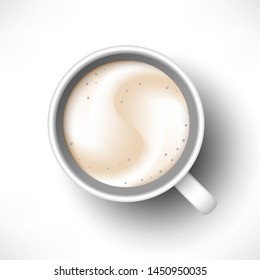 A cup of Latte coffee top view. Realistic vector 3d model whipped coffee in white cup with shadow isolated on white background