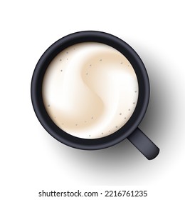 A cup of Latte coffee top view. Realistic vector 3d model whipped coffee in black ceramic cup with shadow isolated on white background