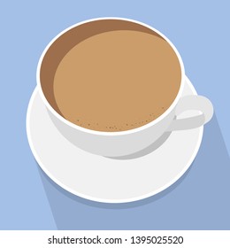 Cup of latte coffee. White cup on blue background. Top view. Vector illustration.