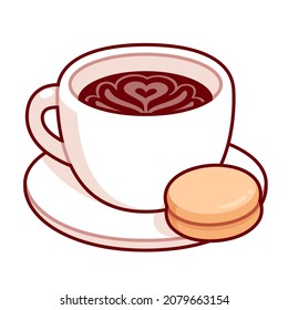 Cup of latte with cookie, cute cartoon coffee drawing. Isolated vector clip art illustration.