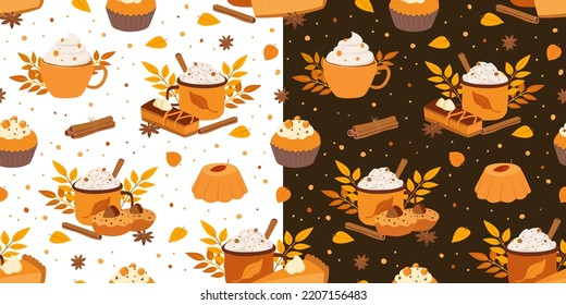 Cup of latte and cupcake flat seamless pattern. Autumn hot drink and pie vector illustration