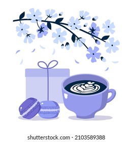 Una taza de café con leche y macarons. Vector clipart.