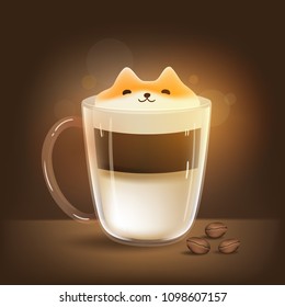 A cup of Latte , Milk foam art shape cute Shiba dog ,espresso and milk , hot coffee cup with coffee beans , Vector illustration 