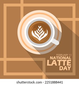 Una taza de visión de café con leche desde arriba con texto en negrita sobre fondo café abstracto para conmemorar el Día Nacional del Latte el 11 de febrero