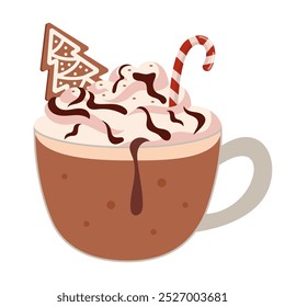 Cup of latte with whipped cream, gingerbread, candy. Mug with hot beverage and decoration for wintertime season holidays. Autumn and winter hot drink. Vector illustration isolated on white background.