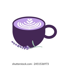 A cup of lavender coffee with a sprig of lavender. Vector illustration