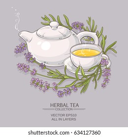 cup of lavender tea and  teapot on color   background 