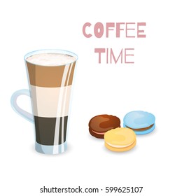 Cup of  layers coffee and macaroons cookies. Vector illustration