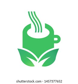 Cup with leaves logo template vector green tea icon design