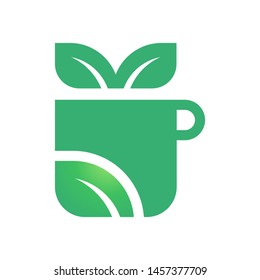Cup with leaves logo template vector green tea icon design