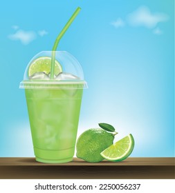 Cup of lemon iced tea.Lemonade in plastic glasses placed on wooden floor