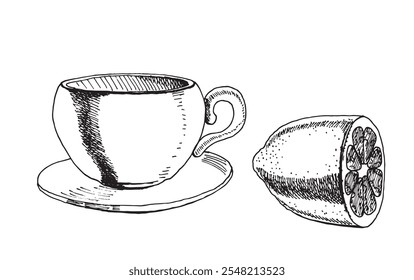 Cup and Lemon in ink hand drawn style. isolated on white