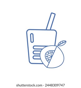 Cup of lemon juice and lemon with leaf, line icon, isolated on a white background