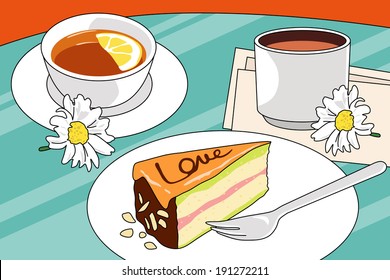 a cup of lemon tea and a dish of lemon shortcake with 2 daisies. Vector illustration.