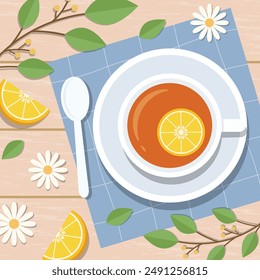 A Cup of Lemon tea on the Wooden Table with Flowers and Leaves Decoration from Top View
