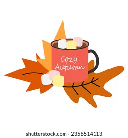 Cup with lettering Cozy autumn, warm drink and marshmallow cubes on autumn leaves in trendy shades