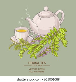 cup of licorice tea and teapot on color background
