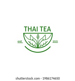 A cup with a line art style of tea leaves. Ilustration tea design logo. 