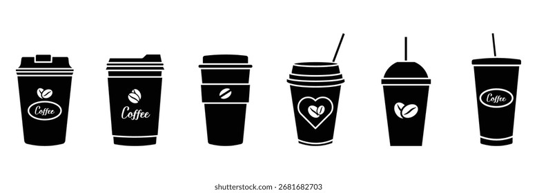 Conjunto de ícones de linha de recorte. Xícara de café descartável. bebida, chá, ícone da xícara de café.   eps 10