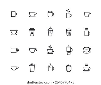 Cup line icon set. Simple symbols with paper coffee cups, glass tea mugs and plastic cocktail cups. Drink containers. Editable stroke. Outline vector illustration collection isolated on background
