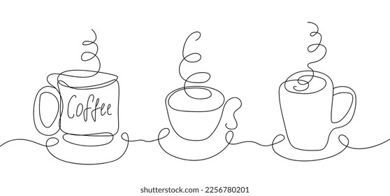 Cup line set. Collection of graphic elements for website, aesthetics and elegance. Hot drink, espresso, moccachino and cappuccino. Cartoon flat vector illustrations isolated on white background