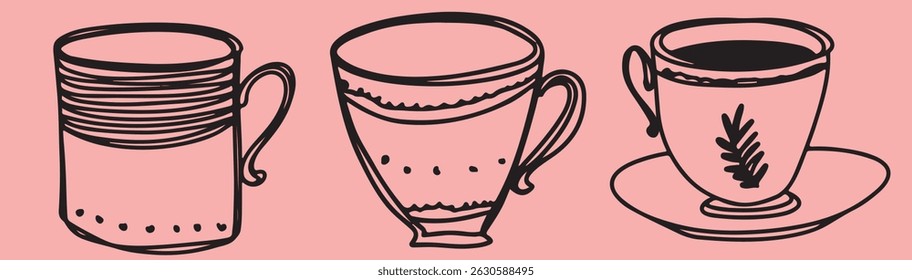Cup linear drawing. Cup vintage sketch