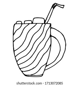 A cup with a linear pattern in doodle style. Black and white cocoa with marshmallows and a straw. Stock image for cafes and restaurants.