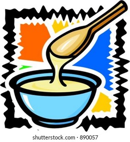 A cup with liquid butter/ milk and a spoon. Vector illustration.