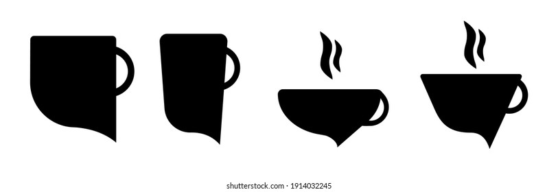 Cup location label. Coffee cup icon with speech bubble. Cups of various forms. Writing area label. Editable drawing. Various icon set. Cup design in silhouette form. Vector on a white background.
