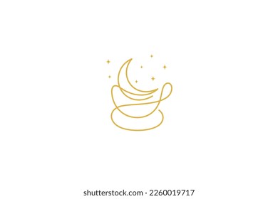 Cup logo with crescent moon decorated with stars in one line design style