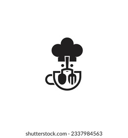 logotipo de copa con tenedor y cuchara y sombrero de chef, un logotipo sencillo y fácil de recordar