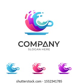 cup logo with water splashing, fresh drink vector illustration, wave +  cup logo concept