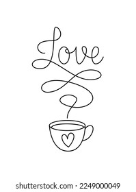 A Cup of Love. Vector Hand Lettering. Handwritten Line Word Love with Cup.