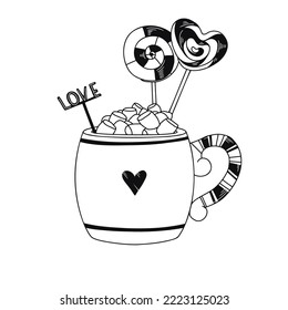 A cup with marshmallow, candy on a stick and the word LOVE. Vector