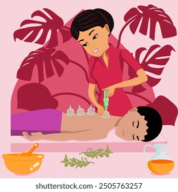 Cup massage. Treatments by professional therapist in spa. Vacuum therapy. Isolated flat vector illustration. Eastern and Indian ethnicity.