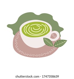 A cup of Matcha green tea, a mug. Matcha herbal green tea bowl vector illustration isolated on white background. Asian Japanese and Chinese drinking ceremony. Hand drawn mug in a saucer for logo, pack