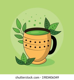 A cup of Matcha green tea, a mug. Matcha herbal green tea bowl vector illustration isolated on white background. Asian Japanese and Chinese drinking ceremony. 