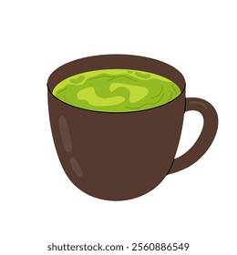 Cup of matcha latte. Green tea. Healthy hot drink. Flat illustration of green coffee on white background.